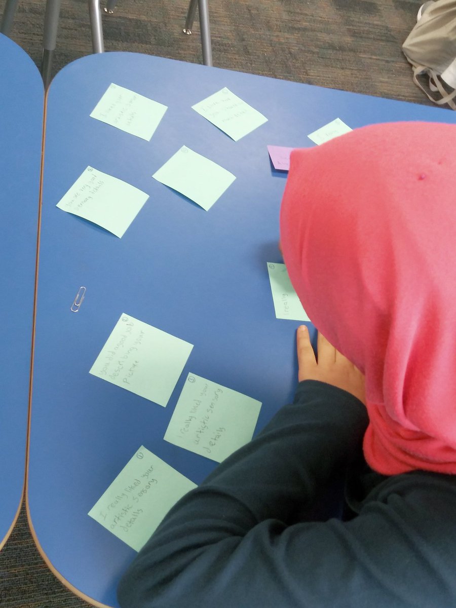 RCMSLitcoach's tweet photo. 8th grade EL students providing feedback to classmates about adding sensory details to narrative writing.  Teacher modeled think aloud and feedback stems support peer feedback in a very focused manner. Great for ALL learners! @stayfrosty_esol @simmonsteacher @CampbellK1EDU https://t.co/uBvIbVdwJt