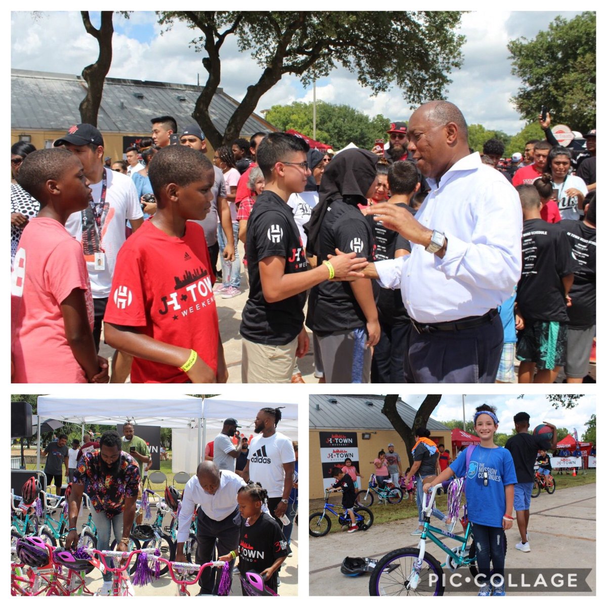 HoustonTX's tweet photo. A special #HappyBirthday shout out to @HoustonRockets @JHarden13 🥳 On Saturday as part of the third annual #JHTownWeekend, Mayor Turner joined #JamesHarden to give away 100 kids bicycles🚲Made possible by @_3thehardenway & @Academy. #RedNation #CompleteCommunities https://t.co/QTwebe35Vp