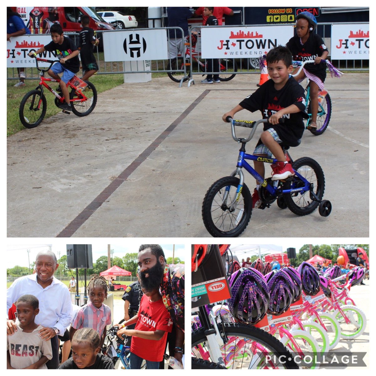 HoustonTX's tweet photo. A special #HappyBirthday shout out to @HoustonRockets @JHarden13 🥳 On Saturday as part of the third annual #JHTownWeekend, Mayor Turner joined #JamesHarden to give away 100 kids bicycles🚲Made possible by @_3thehardenway & @Academy. #RedNation #CompleteCommunities https://t.co/QTwebe35Vp
