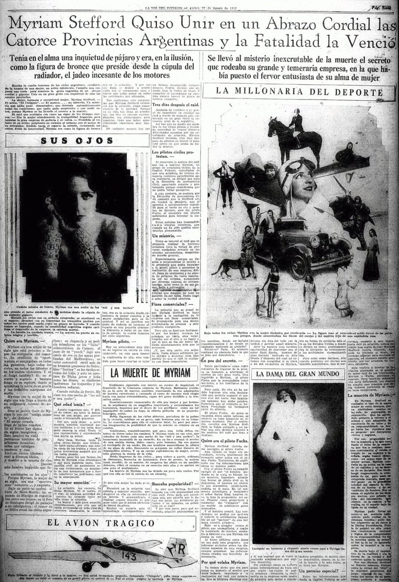 El 26/8/1931 se precipitó el avión que piloteaba Myriam Stefford en San Juan. En su honor, Raúl Barón Biza le hizo construir el ala, monumento el que descansan sus restos. La historia: lavoz.com.ar/numero-cero/hi…
