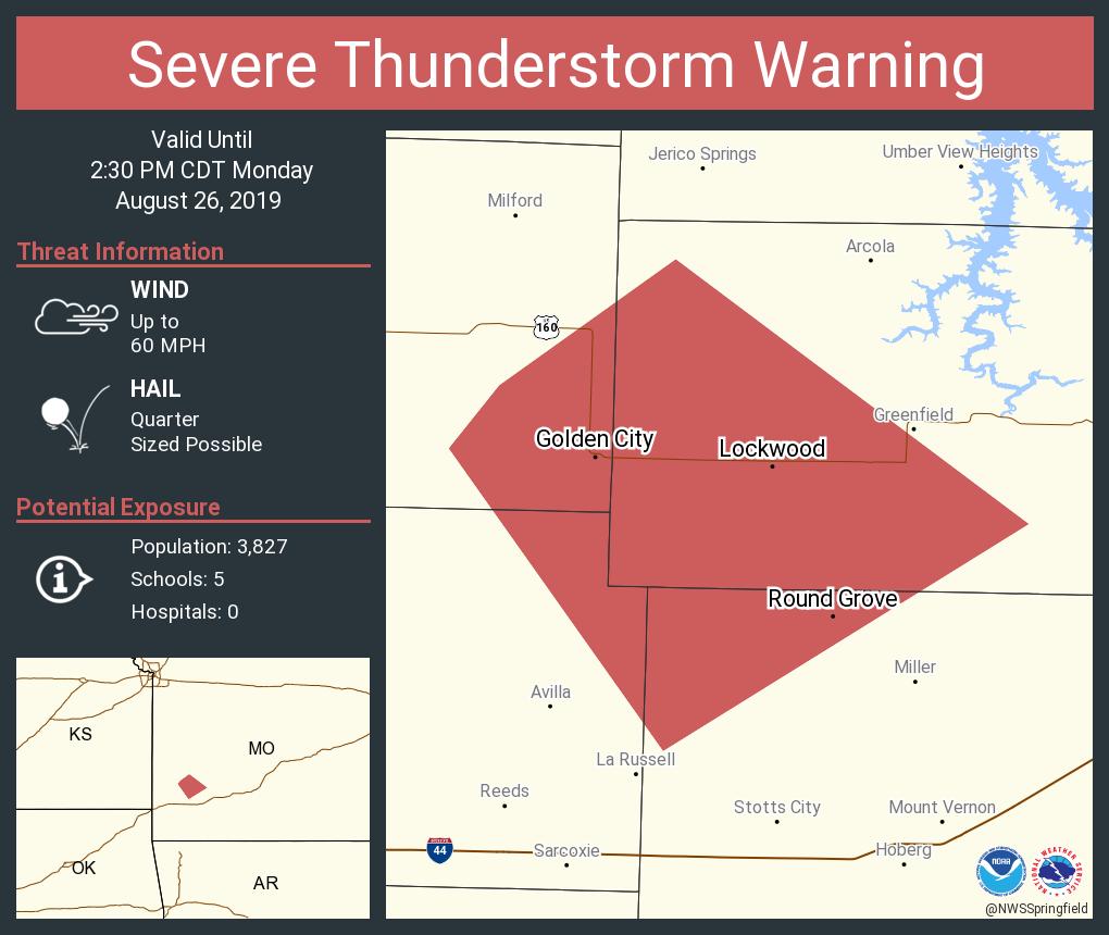 Severe Thunderstorm Warning continues for Lockwood MO, Golden City MO