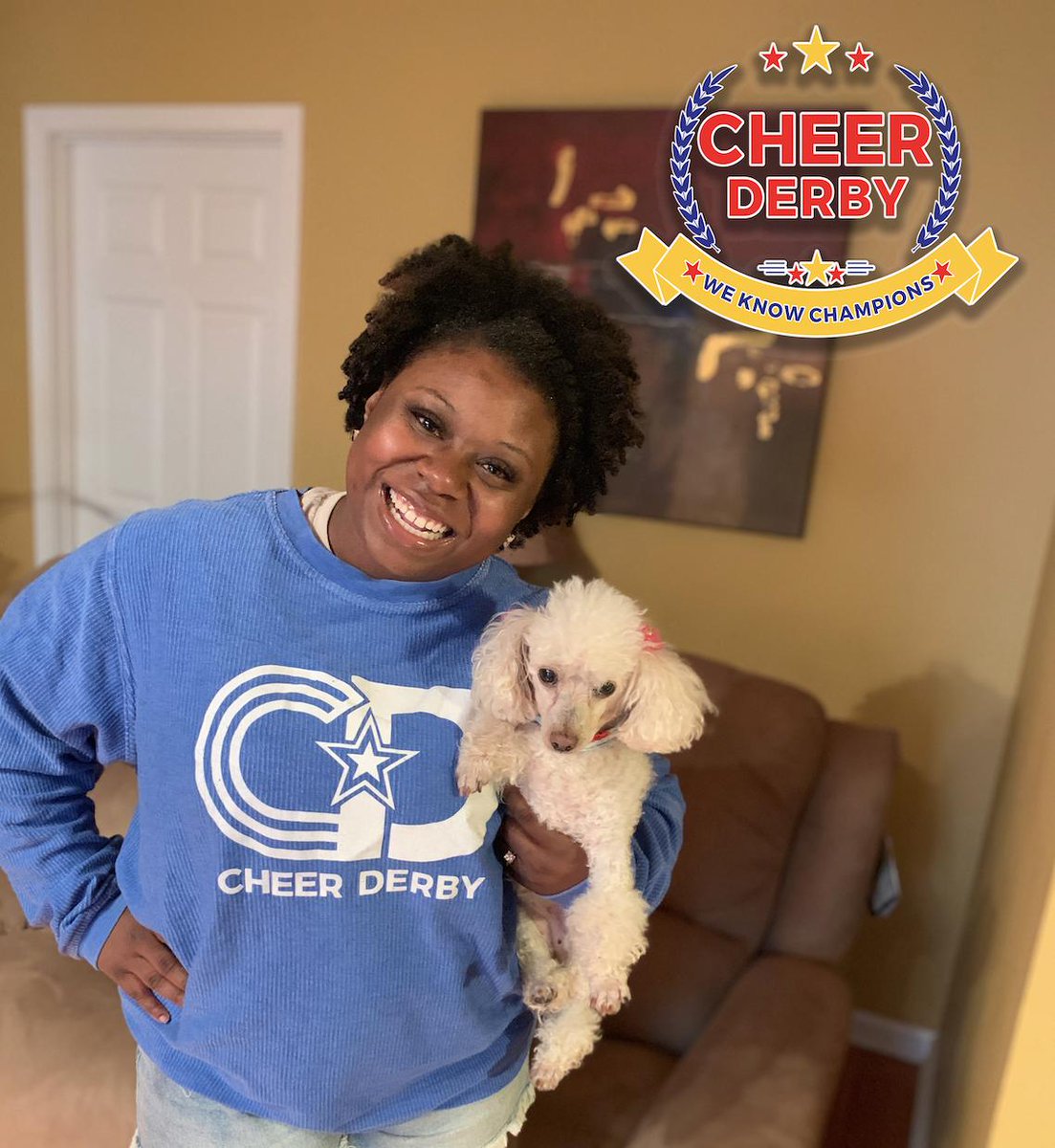 CheerDerby's tweet photo. It's #NationalDogDay! 🐶Meet our #CDRep Jasmine's furry friend, Precious! What's the name of your furry friend? https://t.co/n3Zdimhdxo