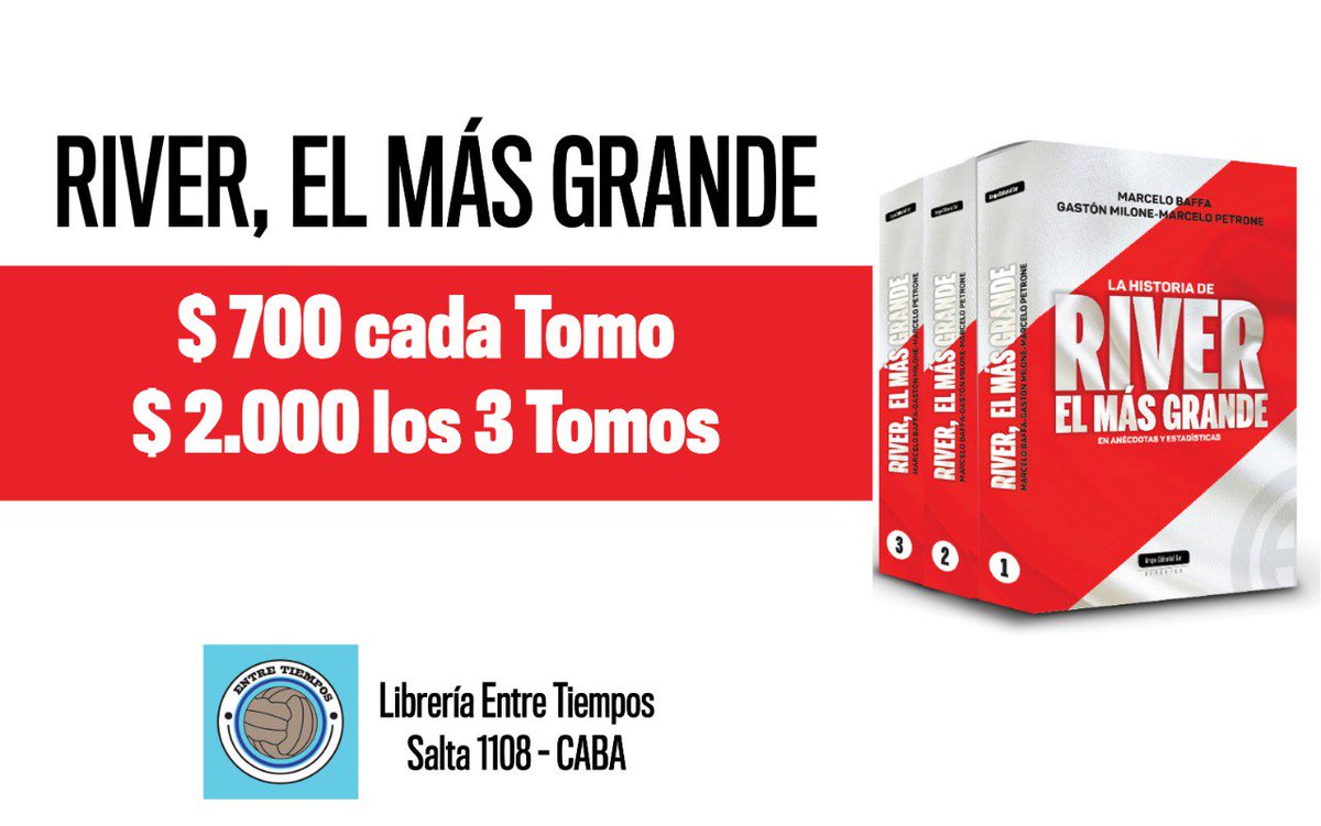 Aprovechá esta promo y lleváte estos tres libros con fichas de TODOS los partidos que River jugó en la historia incluyendo copas, giras e incluso AMISTOSOS locales e internacionales. Con formaciones del Millo y su rival, goleadores e incidencias de cada uno. Sólo en nuestro local