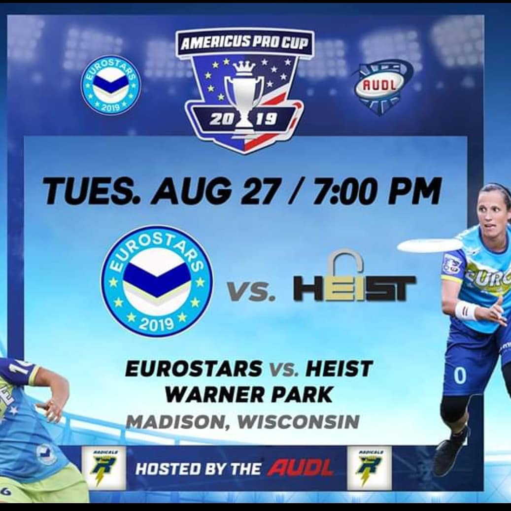 Madison come out and support your local stars <a href="/HeistUltimate/">Heist Ultimate</a> and traveling EuroStarsGame is Tuesday at 7pm!!
EuroStarstour.com/support
<a href="/MadisonRadicals/">Madison Radicals</a>
<a href="/mufadisc/">MUFA</a> 
<a href="/OldFashionedUlt/">OldFashionedUltimate</a>
<a href="/hodaglove/">Hodag Ultimate</a> <a href="/bdultimate/">Bella Donna</a> <a href="/SunPrairieUF/">Sun Prairie Ultimate</a> <a href="/MadMenUltimate/">Madison Mad MMP 😡</a> <a href="/StevensPointUFA/">SPUFA</a> <a href="/couleeultimate/">Coulee Ultimate</a>  <a href="/MouseTrapUlti/">Mousetrap Ultimate</a>