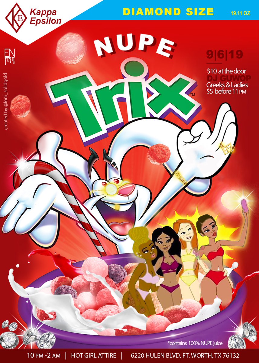 TCUNupes's tweet photo. Silly Playboy.. Trix are for Kidz
๐: 6220 Hulen Blvd, Fort Worth, TX
๐: September 6th
โฐ: 10pm-2am
๐ฃ: DJ Guwop
#NupeTrix #UpperEchelonNupes https://t.co/0fgeAj0Efi