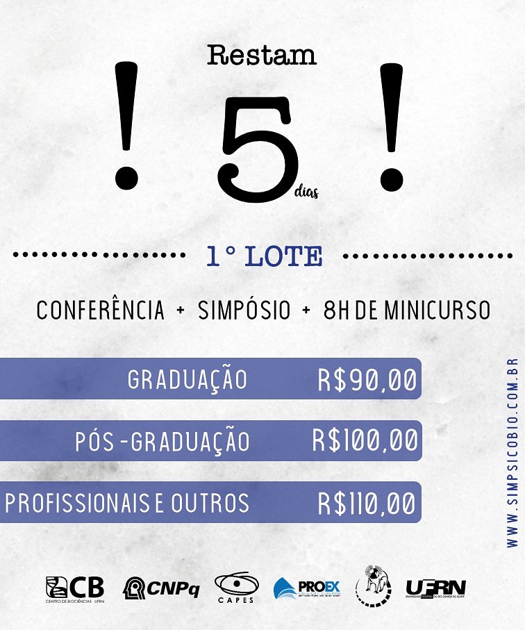 simpsicobio's tweet photo. • ATENÇÃO GALERA •
se liga que a contagem regressiva pro final do primeiro lote já começou!
Não fica de fora dessa. Aproveita que esse preço só vai até o dia 31 de agosto.
#Simpsicobio
#Psicobiologia
#CienciaUFRN https://t.co/4rwmPuud3z