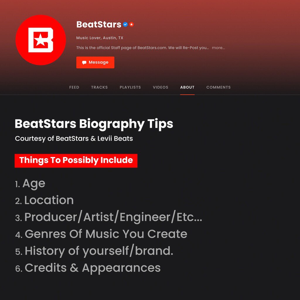 BeatStars's tweet photo. Utilizing your #BeatStars biography is a great way to communicate with your customers, fans and potential customers π―
@LeviiBeats #beatstarstips
π https://t.co/rOf85vkhpj https://t.co/gzh5mNPHXA