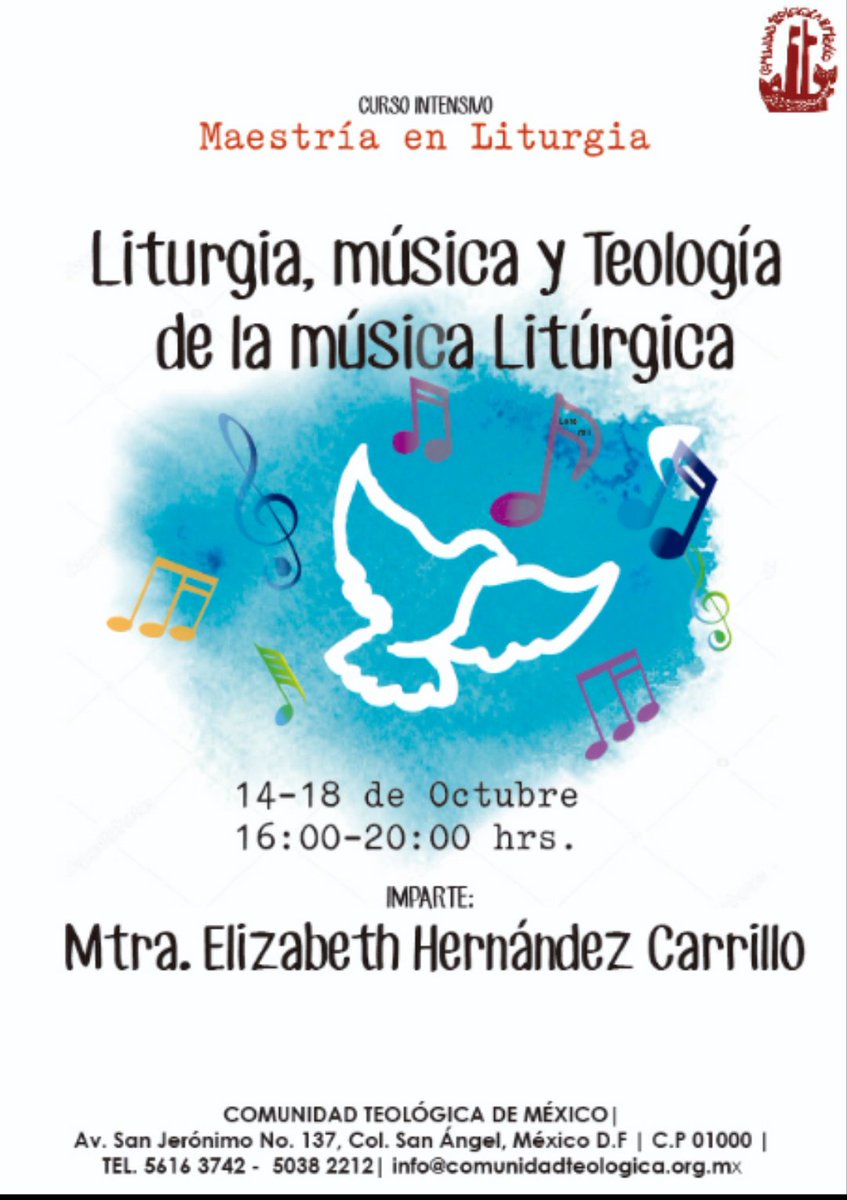 ComTeoldMex's tweet photo. Te esperamos en nuestro curso de la Maestría en Teología "LITURGIA, MÚSICA Y TEOLOGÍA DE LA MÚSICA LITÚRGICA"

14-18 de octubre 2019
16:00 - 20:00 hrs.

Av. San Jerónimo No. 137, Col. La Otra Banda, México D.F.| C.P 01090

Tel: 4616 3742 - 5038 2212
info@comunidadteologica.org.mx https://t.co/qPh5P52BGN