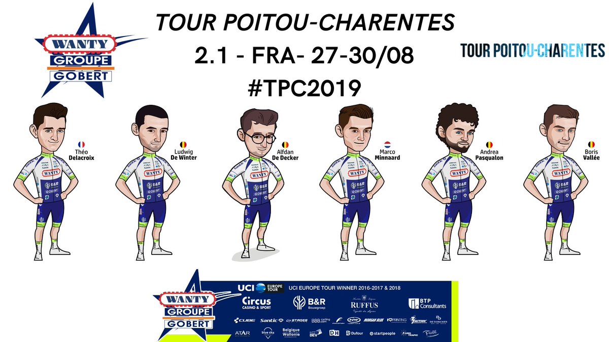 LottoWanty's tweet photo. The following riders travelled to France 🇫🇷 for the @TourPoitouChtes 

Newly crowned French U23 champion @TheoDelacr0ix is one of them!

🇫🇷 @TheoDelacr0ix 
🇧🇪 @DeWinterLudwig 
🇧🇪 @Alfdandedecker 
🇳🇱 @marcominnaard 
🇧🇪 @AndreaPasqualon 
🇧🇪 @BorisValle3 

#TPC2019 #RideForAntoine https://t.co/r7Amof0v0m
