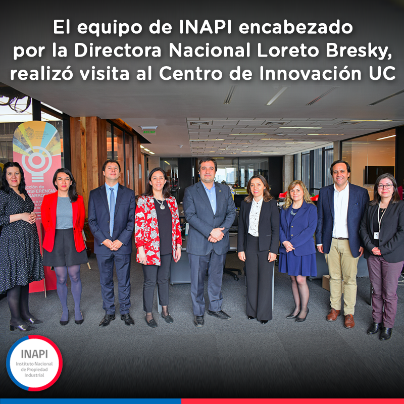 El equipo de <a href="/inapichile/">INAPI</a> encabezado por la Directora Nacional <a href="/lbresky/">Loreto Bresky</a>, realizó una interesante visita al <a href="/CentroinnovaUC/">Centro de Innovación UC</a>, que es un gran espacio para la generación de nuevos proyectos y actor clave del ecosistema de propiedad industrial