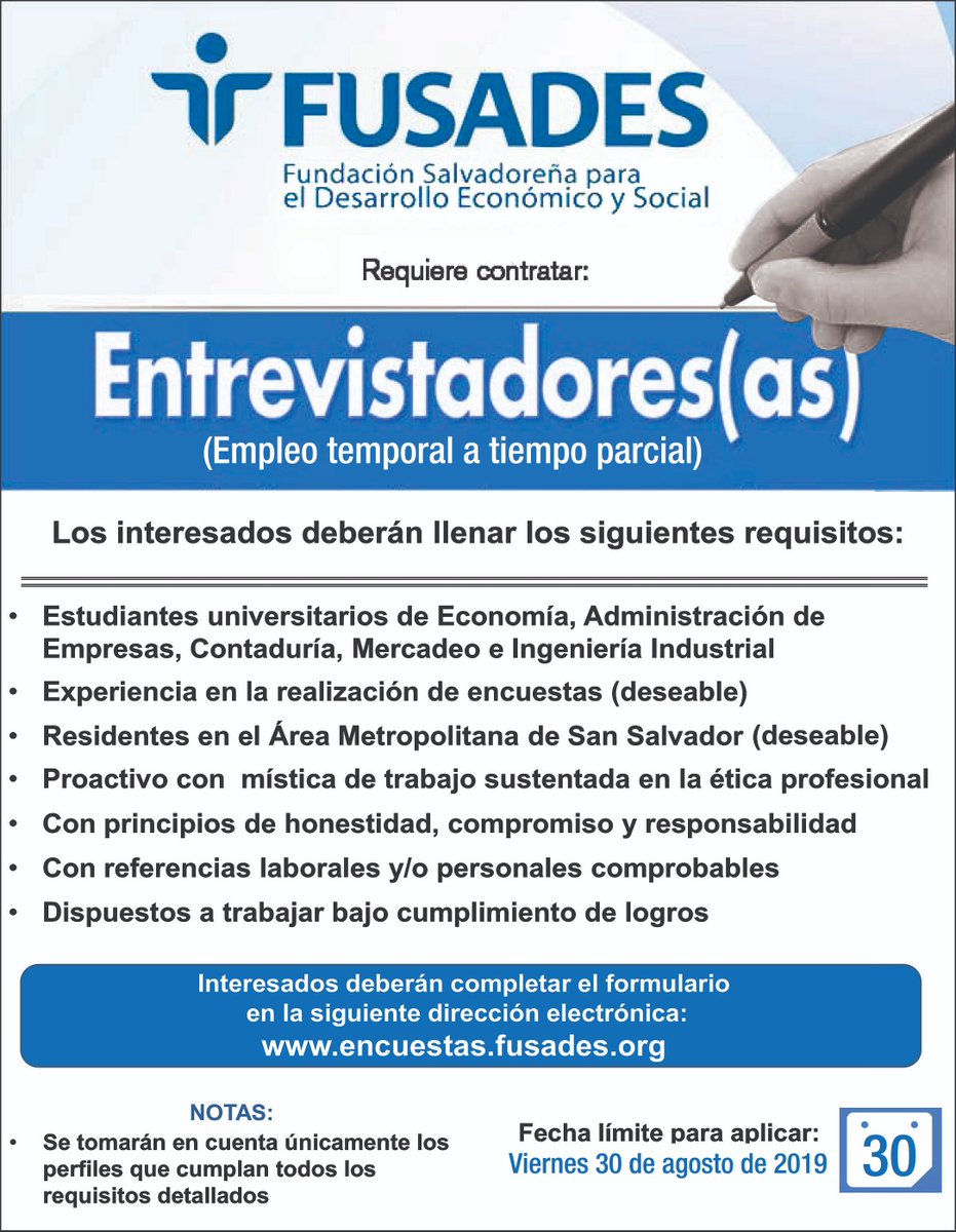 deseable ingresos Fracaso Fusades on Twitter: "#OfertaDeEmpleo: ¡Buscamos entrevistadores! Las  oportunidades son para empleo temporal y a medio tiempo. Para aplicar  puedes usar el siguiente enlace: https://t.co/FS7sB9tCjN  https://t.co/mVUpsZIt36" / Twitter