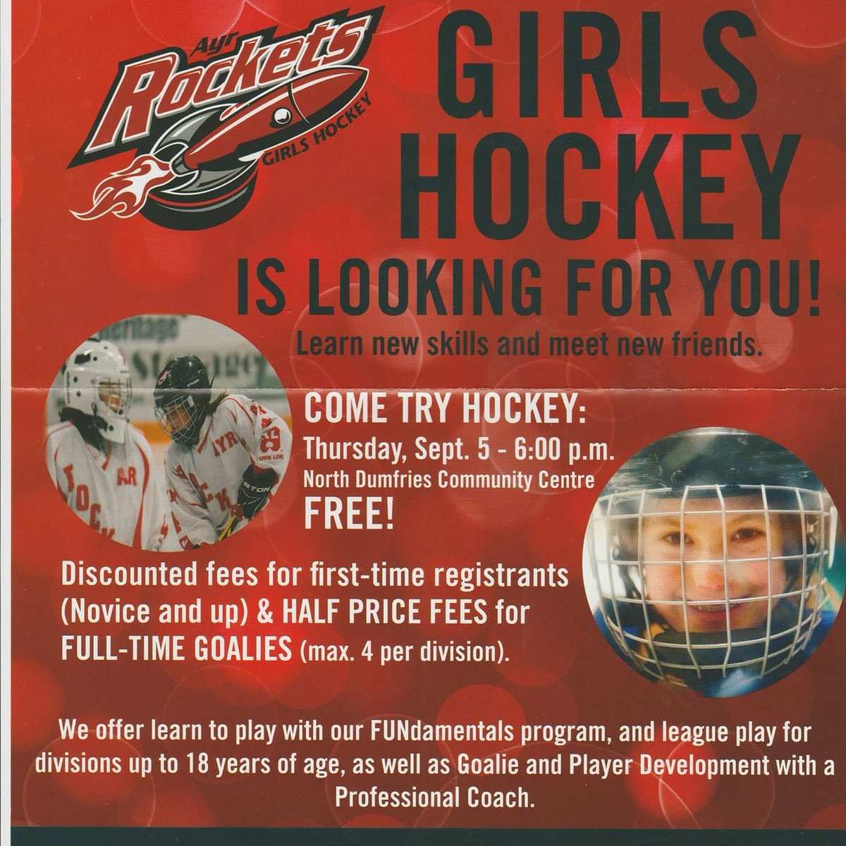 AyrFunHockey's tweet photo. Calling all @AyrRocketsGH or potential new Rockets!!  Come try hockey with the @AyrRocketsGH  on Sept 5 at 6pm !!
#girlshockey #ayrrockets 
🚀🚀🚀🚀🚀🚀🚀🚀
@4_cens @AyrFunHockey @jennycharron17 @CanadaChicky @CGSAEducation @northdumfries @CNDCF @Grstlouis @bmcilravey https://t.co/rFLwS8aAjD