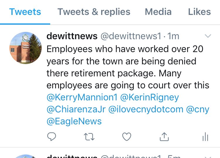 dewitt69557279's tweet photo. The town seems to pick and choose who gets that retirement package for employees over 20 years. This is not fair. #edmichalenko @anselm99 @KerinRigney @cny @EagleNewsOnline @dewittnews1 https://t.co/DVoFrPE51r