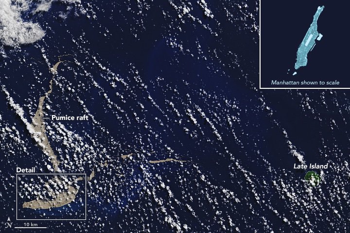 NASA_Landsat's tweet photo. A Raft of Rock: Volcanoes have a lot of dramatic ways to announce their presence. One of the more subtle and rarely observed displays is the pumice raft... via @NASAEarth #Landsat @USGSLandsat
#floatingrocks
https://t.co/gaibdkJMEh https://t.co/rxQZi1xpv8