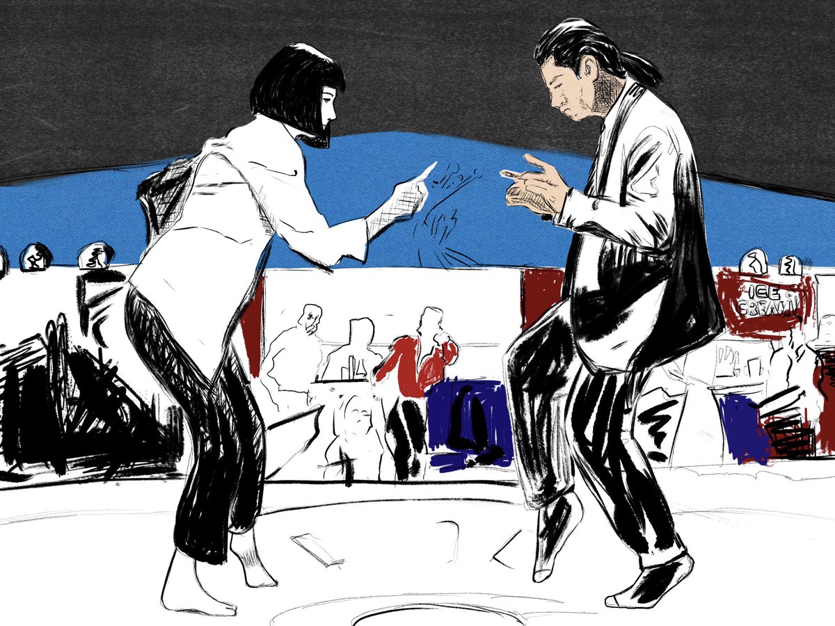 _simsima1980's tweet photo. Progress so far on my Pulp Fiction piece I’ve decided to be more expressive with the background. #homage #favescene #PulpFiction #miawallace #vincentvega #QuentinTarantino #pulpfictiondance #procreate #truegrittexture #digital #fanart #umathurman #JohnTravolta #illustration https://t.co/uzy0I5s3LN