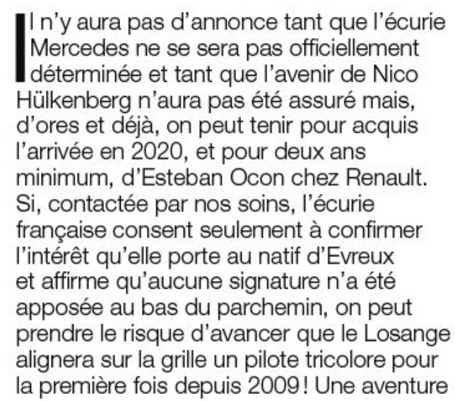 CrossetSbastie2's tweet image. 🧐🧐🧐Ok, donc ça, c’est tout ce qu’il y a retenir du papier de @AUTOhebdoSPORT sur le retour de Ocon en F1 pour 2020. En gros, les mecs nous demandent de les croire  tout en sachant pertinemment bien que la décision n’est pas encore actée. Mhhhh ok, à jeudi ! #Ocon #F1 #Renault
