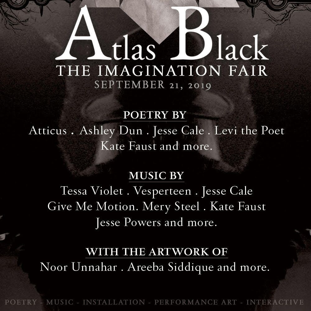 SecretMPress's tweet photo. This Year's Atlas Black Performers Revealed:
@AtticusPoetry 
@TessaViolet 
@vesperteen 
@ashleydun_ 
@JesseCale 
@levithepoet 
@givememotion 
With Artwork from @Noor_Unnahar 
AND MANY MORE
Columbus, Ohio
Sept 21st
GET TICKETS HERE:
https://t.co/6vIJ5tZ4W7 https://t.co/OgVkZ3Vs56