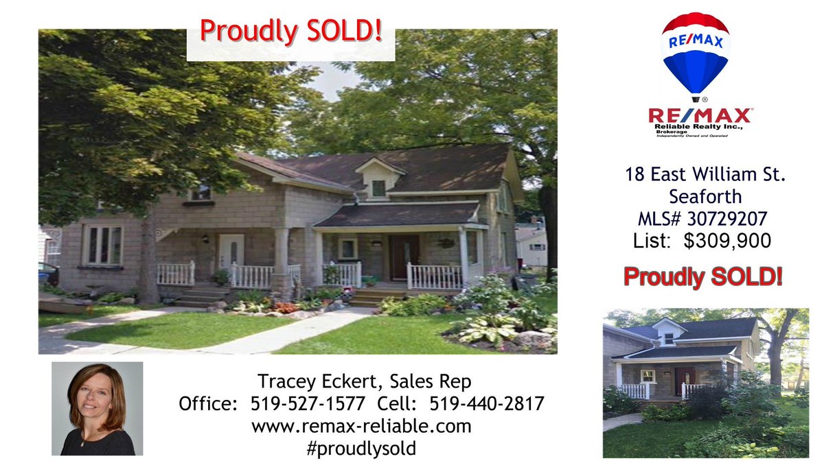 Proudly SOLD!
18 East William St. Seaforth
MLS# 30729207 List: $309,900
Lrg 3 +1 bed & 2 baths
Easy walk to schools
Many updates!
SOLD!
Tracey Eckert, Sales Rep at 519-527-1577 (office) or 519-440-2817 (cell)
https://t.co/tnWgL2jTFy https://t.co/g3a4vchrxL
