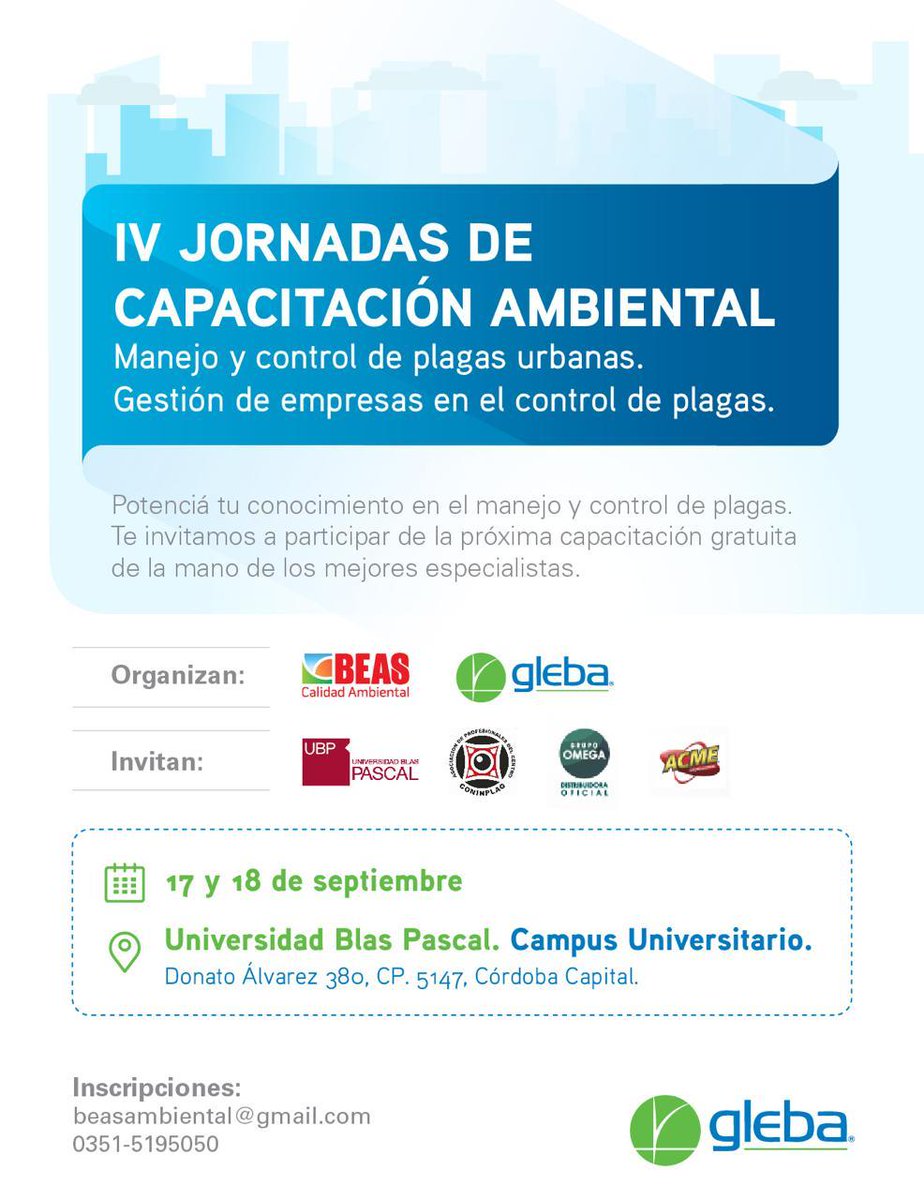 Los invitamos a participar de la "IV Jornadas de Capacitación Ambiental"

🗓17 y 18 de Septiembre de 2019

📍 Universidad Blas Pascal, Ciudad de Córdoba.

📝 Inscripción previa obligatoria por correo electrónico a beasambiental@gmail.com

➡️Esta capacitación es GRATUITA