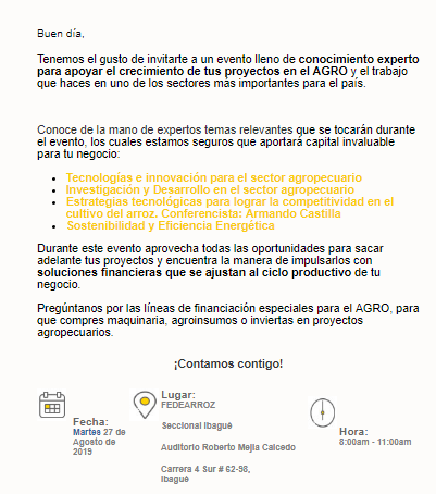 sfa_cebar's tweet photo. Mañana 27 de Agosto, estaremos compartiendo con nuestro gran aliado Bancolombia en las instalaciones de Fedearroz; con charlas de interés para el sector agropecuario. Los esperamos!! https://t.co/g47h3b7dND