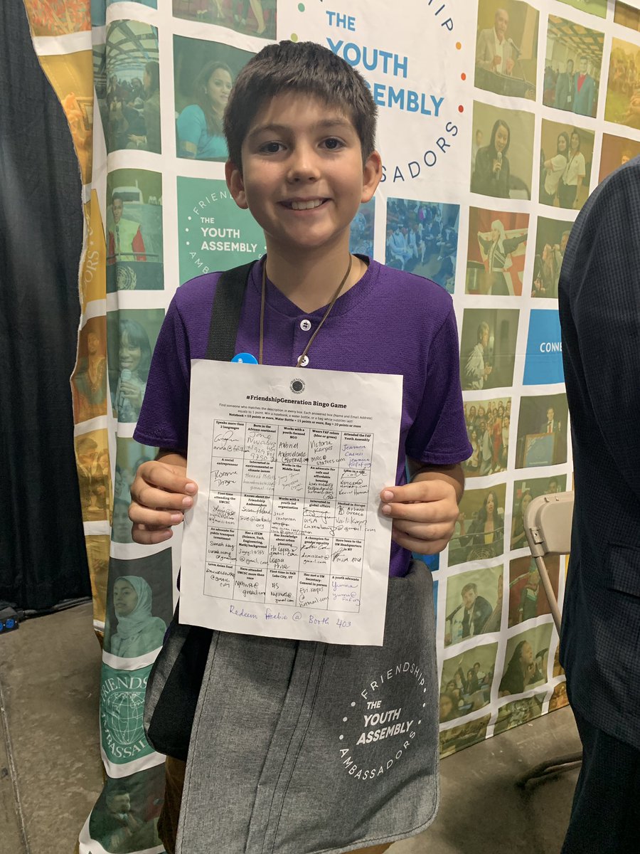 YouthAssembly's tweet photo. Congratulations to the first winner of the #FriendshipGeneration bingo game! 👏👏👏

If you're attending this year's #UNCSC2019, come to @FriendshipAmbas booth no. 403 to play and win freebies of your choosing. https://t.co/oDvS34B0KL