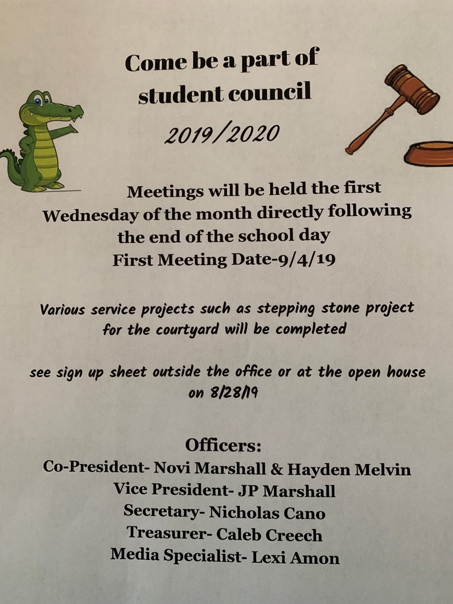 CouncilGators's tweet photo. Calling all gators! We would like to make a difference in our school. Please join us as a member of student council! See sign up details below. Meetings are usually 30-45min long. #gatorchomp https://t.co/LfOgyNbFhy