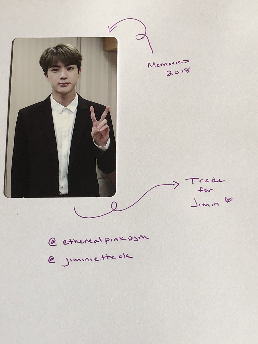 etherealpinkpjm's tweet image. WTT/LTT

Have: Jin Memories 2018
Want: Jimin !! (or Hoseok/Yoongi)
DVD: Memories 2018
Location: NC, USA
WW: Yes 

@BTSTradingPC @BTSpctrade @BTStrading_USA