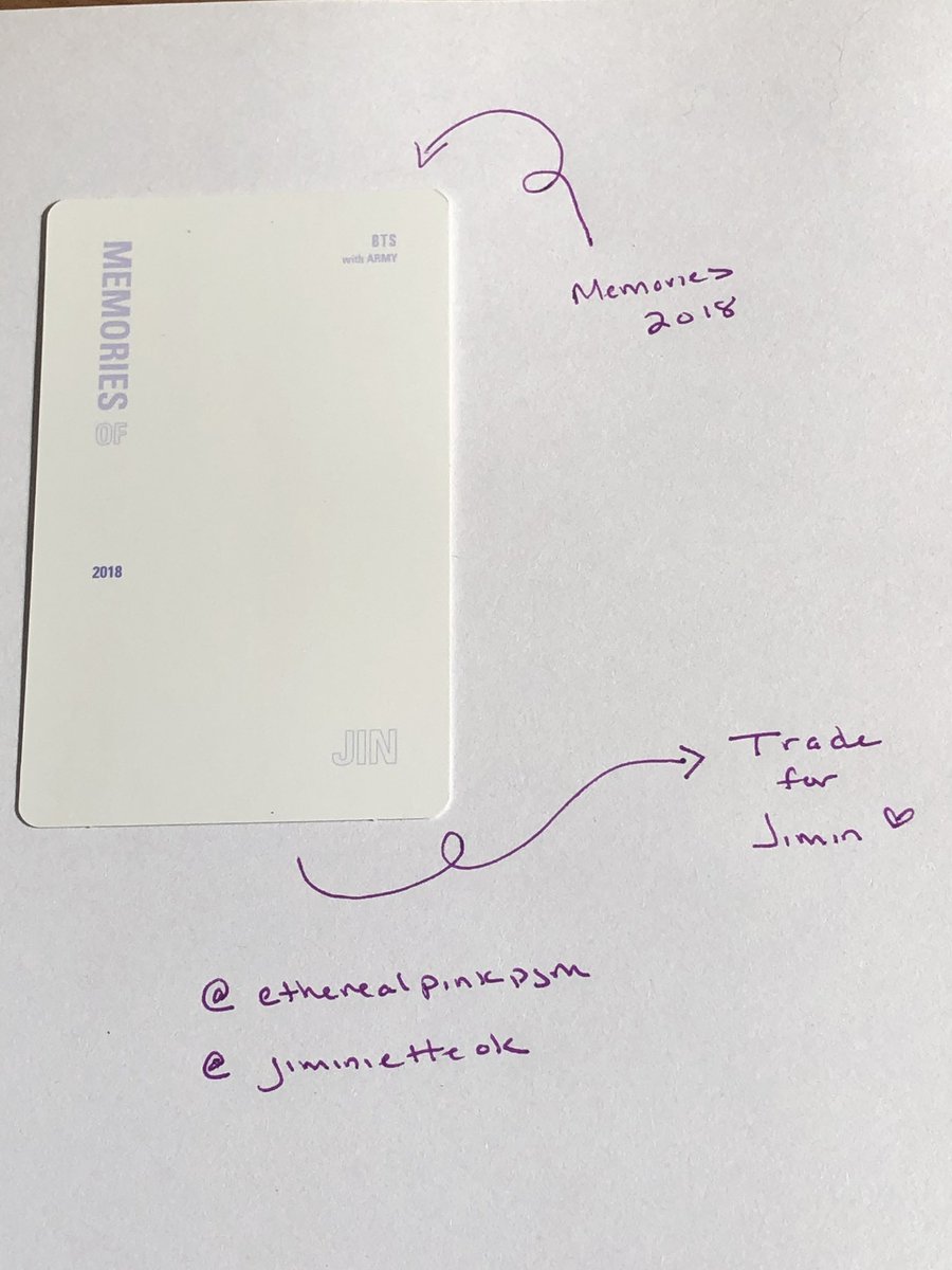 etherealpinkpjm's tweet image. WTT/LTT

Have: Jin Memories 2018
Want: Jimin !! (or Hoseok/Yoongi)
DVD: Memories 2018
Location: NC, USA
WW: Yes 

@BTSTradingPC @BTSpctrade @BTStrading_USA