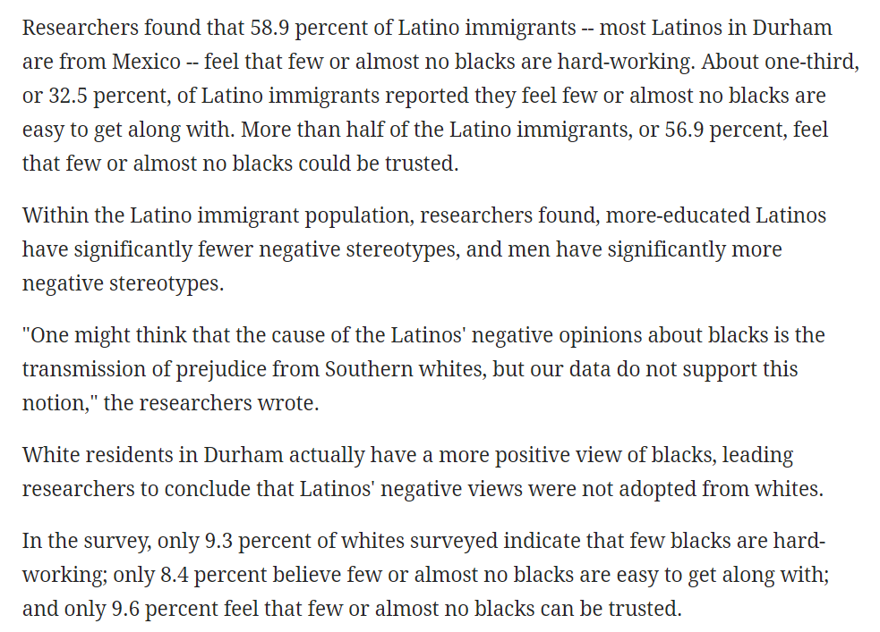 validity to my earlier theory that social justice rhetoric is a political calculation not a moral imperative is the dearth of research into, or coverage on, minority-on-minority racism. Despite probably tens of thousands of papers on "White racism", there's very little on