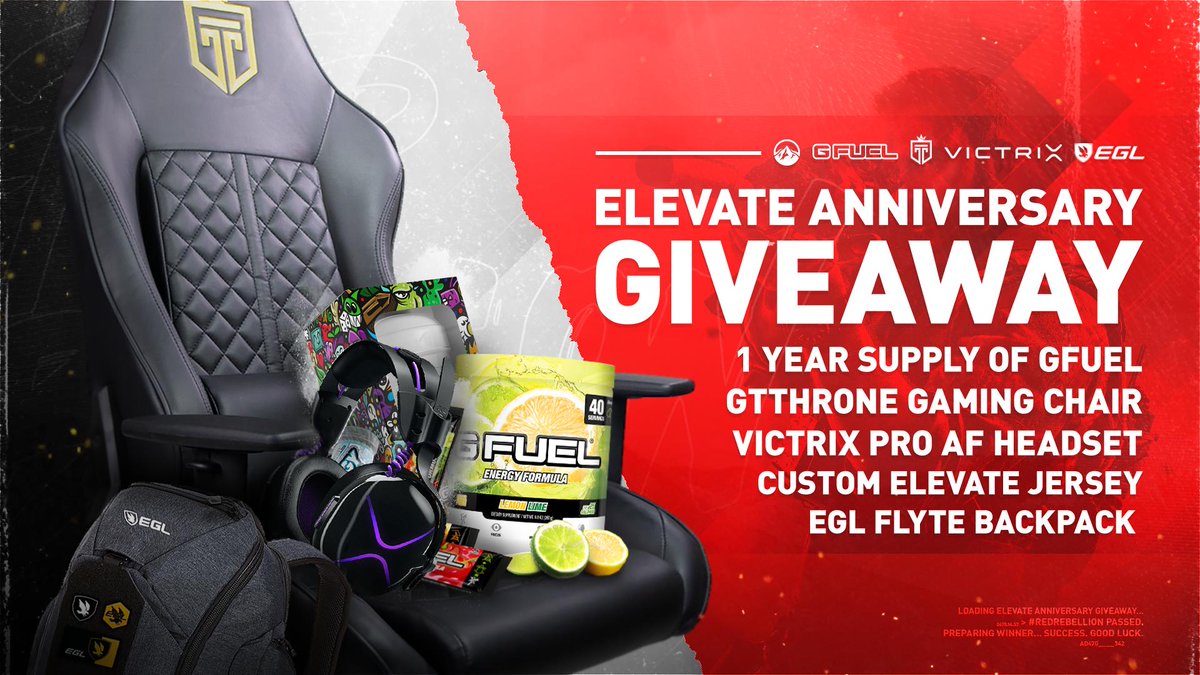 ELEVATE ANNIVERSARY GIVEAWAY! 🎉

The past 5 YEARS have been INCREDIBLE and we can't thank you enough for your support! ❤️

1.) RT / LIKE

2.) FOLLOW

✅ <a href="/ElevateGG/">ELEVATE</a>
✅ <a href="/GFuelEnergy/">G FUEL®</a>
✅ <a href="/VictrixPro/">Victrix</a>
✅ <a href="/GTThrone/">GT Throne</a>
✅ <a href="/OfficialEGL/">EGL</a>
✅ @Gyazo

FIVE Winners Announced 09/30!

#RedRebellion
