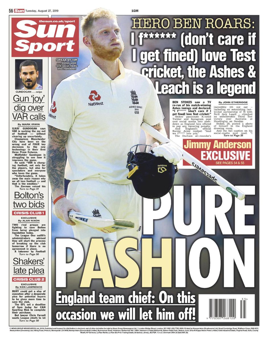 SunSport's tweet photo. Tomorrow's back page: @benstokes38 saw a TV re-run of his match-winning Ashes innings and declared: 'I f****** (don't care if I get fined) love Test cricket.' | @JohnSunCricket https://t.co/I01eiFb1FM