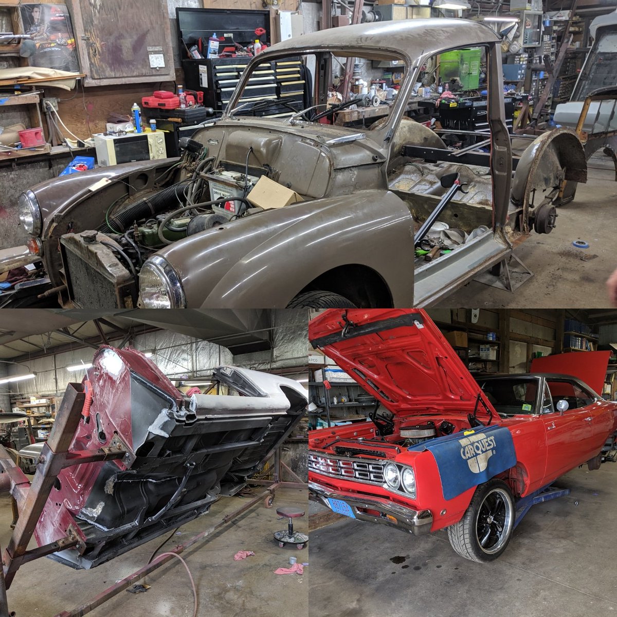 41auto's tweet photo. A 68 Morris minor English car is getting disassembled, and ready for media blast. A 68 Plymouth roadrunner needing work on the brake system. Also the 62 nova convertible is on the rotisserie, ready for the final primer. #plymouth #plymouthroadrunner #chevynova  #wilwoodbrakes https://t.co/zQPJsjdwF0