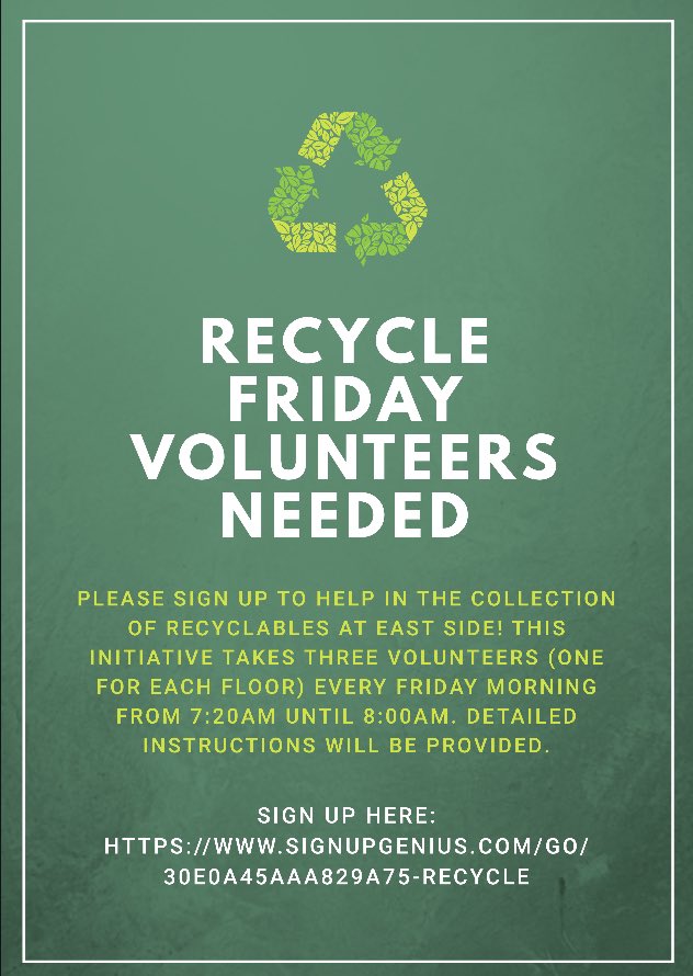 EastsideElemPTA's tweet photo. Recycle Friday Volunteers needed! To sign up to help with this amazing program, click here! https://t.co/ltl2BSNAay
#EastSidePTA
#EastSideElementary
#EastSideEaglePride https://t.co/36TBBjSSXv