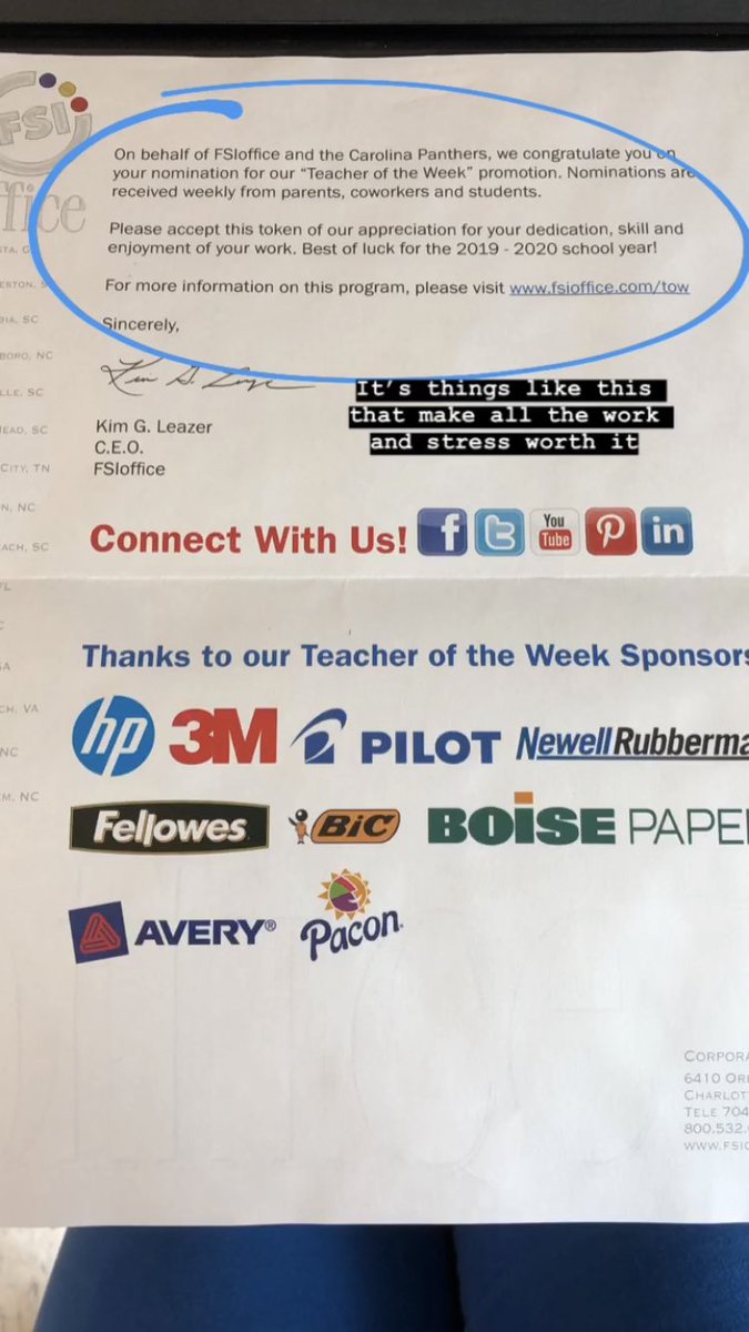 MissSchmalbeck's tweet photo. Thank you @FSIoffice and @Panthers for the Teacher of the Week nomination and the bag of school supply goodies!! I’m so honored!! 💖 #EngagedEagles @GroveElementary https://t.co/eFhpcev7vN