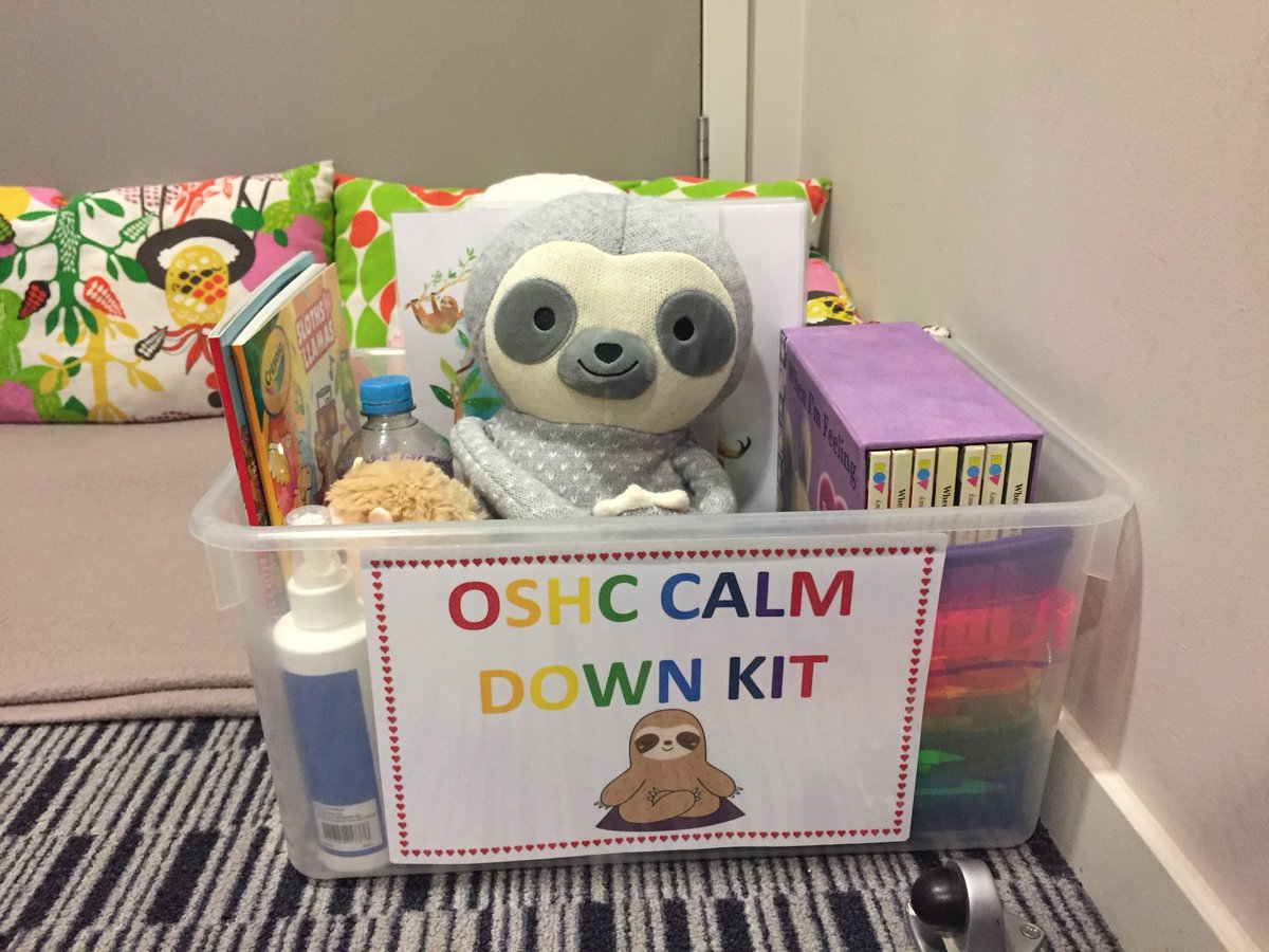 I made a calm down kit for social emotional learning week at work! The kids love using it when they’re feeling overwhelmed and even help each other use the resources to regulate their emotions 💜 
And Sammy the Sloth is for big cuddles!! 💞 #socialemotionallearning #emotions