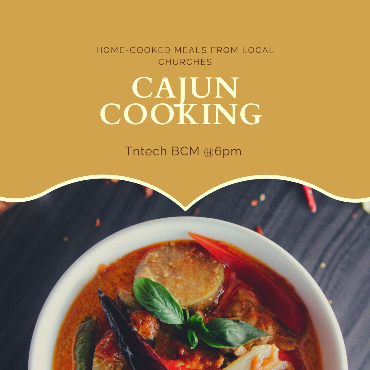 TNtechBCM's tweet photo. Come hungry tonight for Cajun Cooking! Be there at 6pm you won’t want a miss an opportunity to hear from local churches https://t.co/MlEnhct5lI
