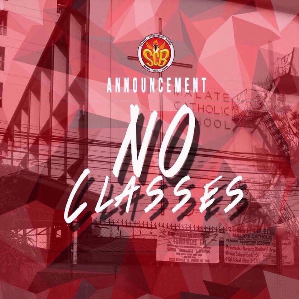 mcs_scb's tweet photo. As announced by Manila Mayor Isko Moreno &amp; CNN philippines , classes in preschool to senior high school  in Manila are suspended today, August 27, 2019. Keep safe, Malateans! https://t.co/I8UyY1YjZp