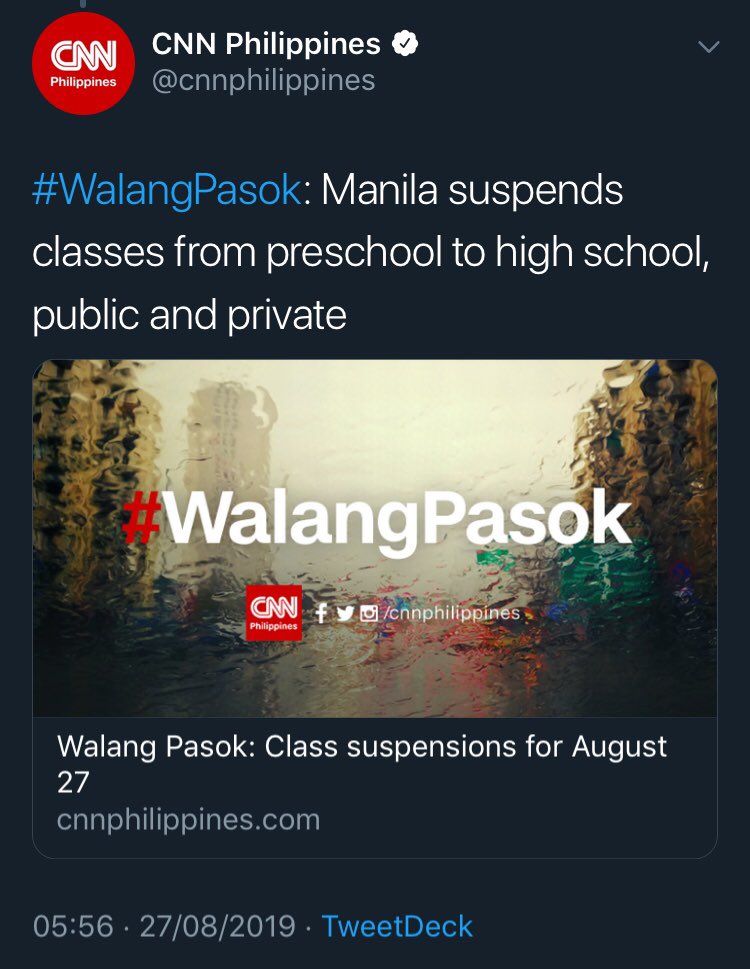 mcs_scb's tweet photo. As announced by Manila Mayor Isko Moreno &amp; CNN philippines , classes in preschool to senior high school  in Manila are suspended today, August 27, 2019. Keep safe, Malateans! https://t.co/I8UyY1YjZp