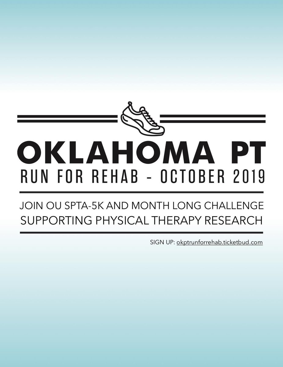 OUSPTA's tweet photo. PT Run for Rehab is a month long health challenge during Oct with a September 29TH kickoff 5k! Get raffle tickets for logging miles for gift cards and prizes! Funds support PT research! Sign-up below!
https://t.co/dAa8ud4ELB
DISCOUNT CODE: YOUROCK2019 for $5 off until 9/6/1 https://t.co/O0S1BPdCtq