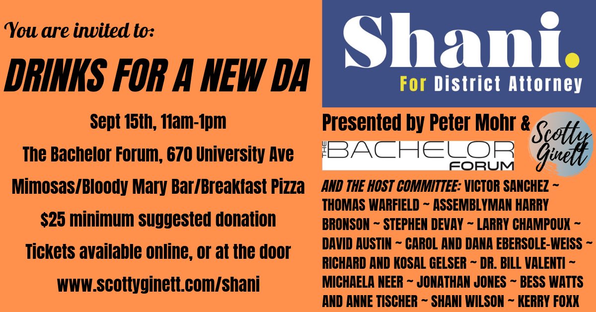 ScottyGinett's tweet photo. Peter, and the staff at @Bachelor4m, myself, and an amazing host committee are throwing a fundraiser for @Shanic4da. Join us! https://t.co/LuW5E9v8CD #Roc #ShaniForDA https://t.co/mF6XKd6gqH