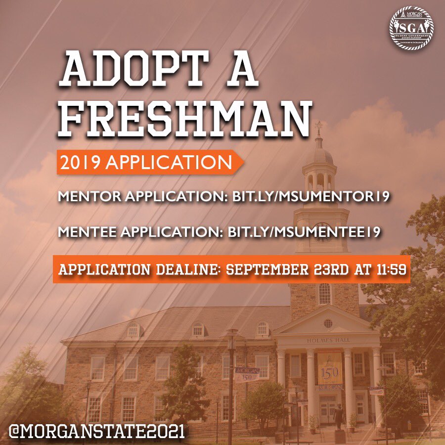 morganstate2021's tweet photo. “A mentor is someone who allows you to see the hope inside yourself”~Oprah Winfrey. Join the Junior class in the Adopt-A-Freshman program. Become a mentor or a mentee by signing up using the links in the bio. The application deadline is September 23rd at 11:59. 🔶🐻🔷 https://t.co/l6FG4wXVJg