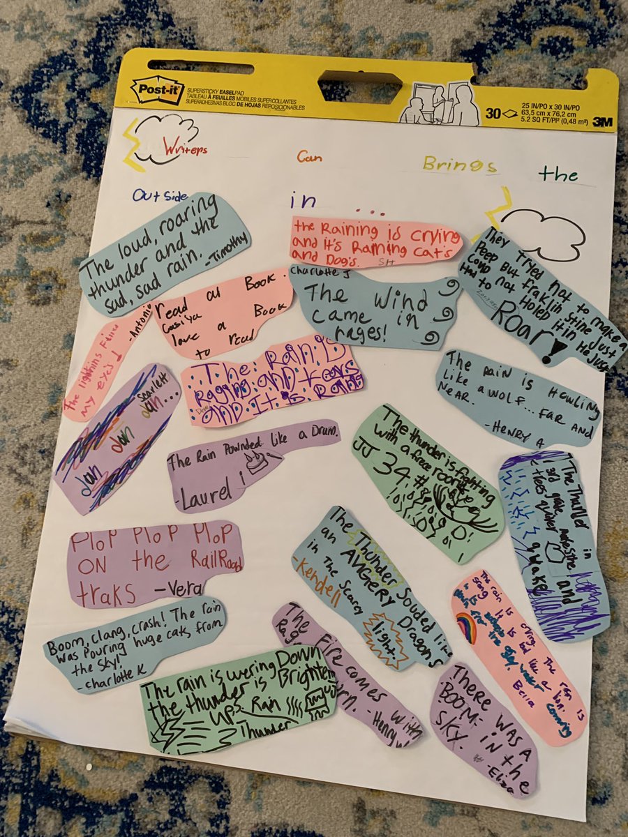 emilyscallahan's tweet image. It was storming today. Someone suggested we open our notebooks and “bring the outside in.” They picked their favorite lines and we decided to put them on a chart ⛈📓❤️ #whynot #joywrite #writersnotebooks @amylvpoemfarm @FletcherRalph