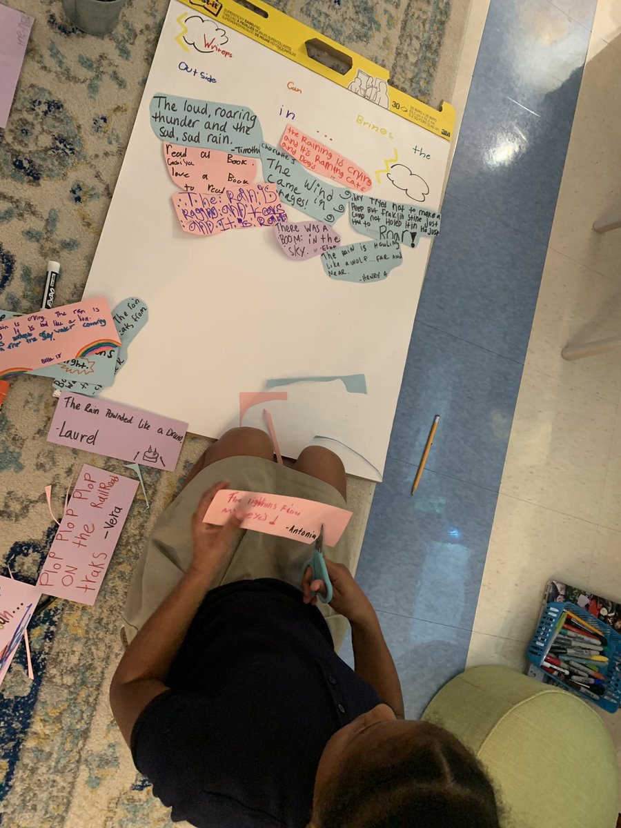 emilyscallahan's tweet image. It was storming today. Someone suggested we open our notebooks and “bring the outside in.” They picked their favorite lines and we decided to put them on a chart ⛈📓❤️ #whynot #joywrite #writersnotebooks @amylvpoemfarm @FletcherRalph