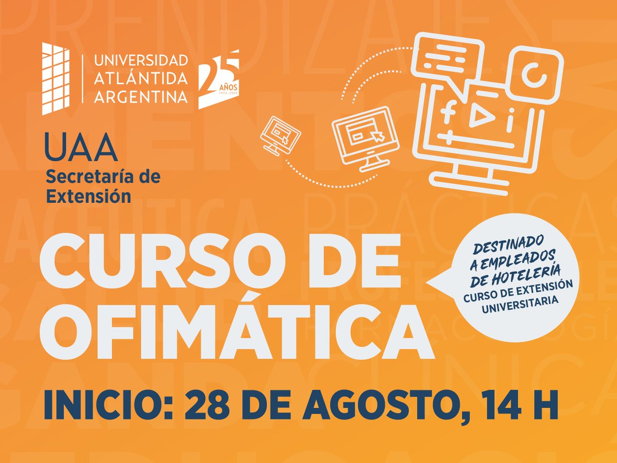 Uatlantida's tweet photo. 📢#Nuevapropuesta Curso de Ofimática para personal hotelero🏨
📅28 de agosto, 14 horas
📍Mar de Ajó
👉Pre-inscripción en https://t.co/Q3O70leW6W
✉️extension@atlantida.edu.ar
#Ofimática #OperadordePC #Internet #RedesSociales #Hotelería #Turismo https://t.co/syilIZXh8E