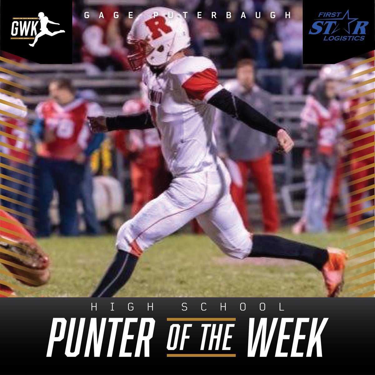 GWK x First Star Football Report:
Week 1 HS Kicker &amp; Punter Honorees...
Kicker- 
Trey Gronotte Covington Catholic HS
(1/1 FG 34 yds 4 XP’s 3 TB’s)
<a href="/GronotteTrey/">Trey Gronotte</a> 
Punter- 
Gage Puterbaugh Richmond HS
(3 punts 40.3 yd avg)
<a href="/gage_puterbaugh/">Gage Puterbaugh</a> 
CONGRATS!!
<a href="/Dave_Berk/">Dave Berk</a> 
#TeamSailer #GWK