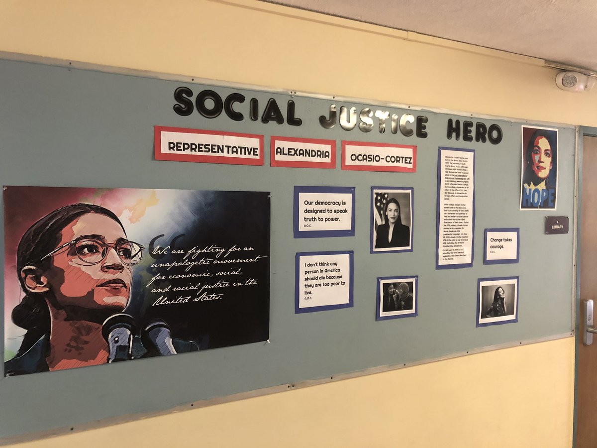 jcondonsf's tweet photo. @AOC Our Social Justice Hero bulletin board at Lipman Middle School in Brisbane, Ca. Thanks for all you do. https://t.co/rgeKesyb95