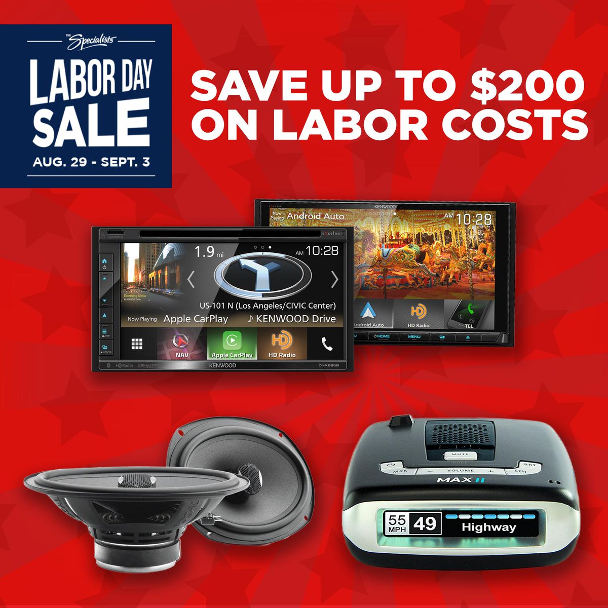 azspecialists's tweet photo. Our Labor Day Sale is about to kick off! Get up to $200 off labor costs on Focal speakers, Escort radar detectors, Kenwood receivers, and more! These packages are EXTREMELY limited, so don't miss out!

#TheSpecialists #LaborDay https://t.co/as6dHyhJOs