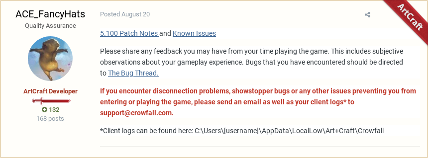 ProjectMalekai's tweet photo. ACE_FancyHats posted in "5.100 Snap Test Feedback Reports 8/20 - 26/19" #Crowfall #RedPost
https://t.co/giLHTMkHCk https://t.co/a39UtwWDNu