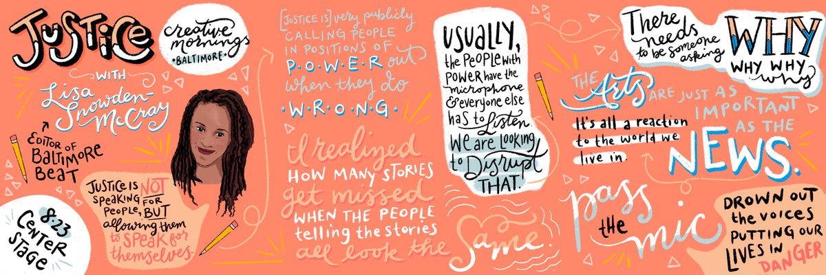 Baltimore_CM's tweet image. “Justice is not speaking for people, but allowing them to speak for themselves... pass the mic. “ ~ @lisamccray
Amazing live Illustration by Amanda DiGiondomenico! #cmbal #cmJustice #creativemornings