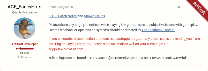 ProjectMalekai's tweet photo. ACE_FancyHats posted in "5.100 Snap Test Bug Reports for 8/20 - 26/19" #Crowfall #RedPost
https://t.co/0xRBDtYPRg https://t.co/NxhCvWnSfi